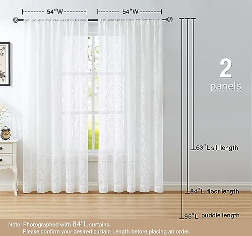 Image of Treatmentex Damask Lace Sheer Curtains White Vintage Light Filtering Curtains for Bedroom, Elegant Victorian Floral Lace Sheer Curtains 54 x 63 Inch, 2 Panels