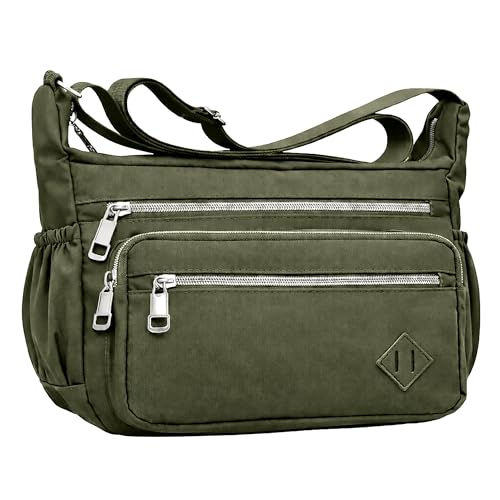 Bolsa Feminina Pequena Transversal em Nylon Crossbody Bolsa de Ombro com Alça à prova d'água, Bolsa de ombro leve Multi Bolsos Tiracolo (Verde)