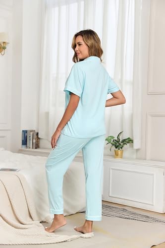 Image of COLORFULLEAF Women's 100% Cotton Pajamas Set Button Down Sleepwear Short Sleeve Shirt and Long Pants Soft Ladies Lounge Sets