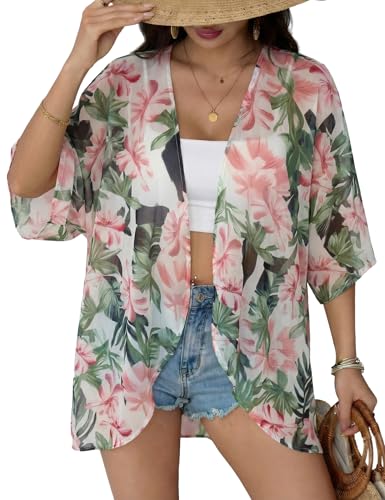 Image of Chunoy Women Floral Beach Wear Cover Up Chiffon Kimono Cardigan Open Front Blouse Top