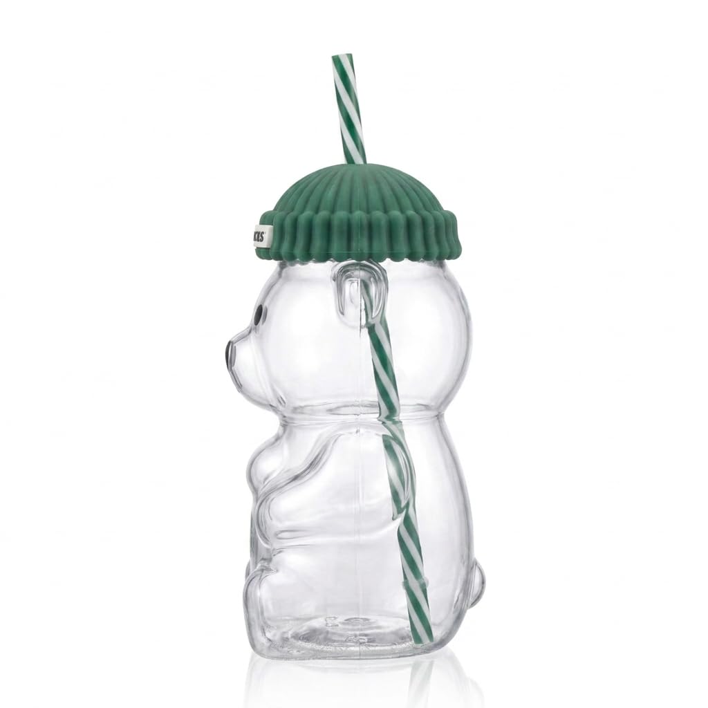STARBUCKS Vaso Bearista Glass de Vidrio con Forma de Oso, Tapa Verde con Diseño de Gorro Verde, Popote a Rayas