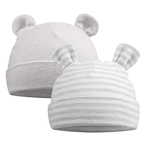 Original Cotton Newborn Beanies Striped Cute Baby Hat for Boys Girls Bear Ears Infant Beanie 2-Pack (Bear(Gray+Gray Striped), 0-6 Months)