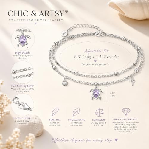 Image of CHIC & ARTSY 925 Sterling Silver Layered Anklets for Women, Adjustable Cable Chain Multilayer Beach Foot Jewelry, Nickel Free Hypoallergenic Summer Anklet 10-11 Inches