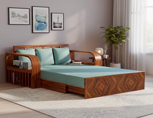 Image of APRODZ Solid Wood Sofa Cum Bed 3 Seater Velevt Fabric with Two Cushions Perfect Sofa Furniture for Home Living Office Room and Guests (Honey Finish 75x69x30-Inch)