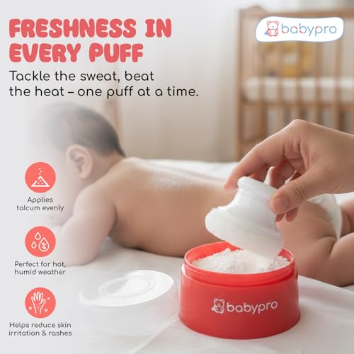 Image of BabyPro Baby Powder Puff with Storage Container for Newborn Kids, Pink | BPA Free, Safe for Skin, Anibacterial, Sweat-Absorbent, Easy Refill