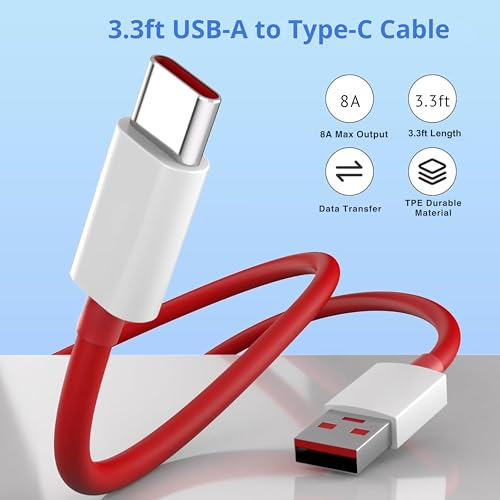 Image of Type C Cable Fast Charging - 80W | Warp /Dash Charge Compatible with OnePlus, Oppo, Realme & USB Type C Devices | USB A to Type C Cable | 1M Fast Data Sync & Smart Protection Chip - Red