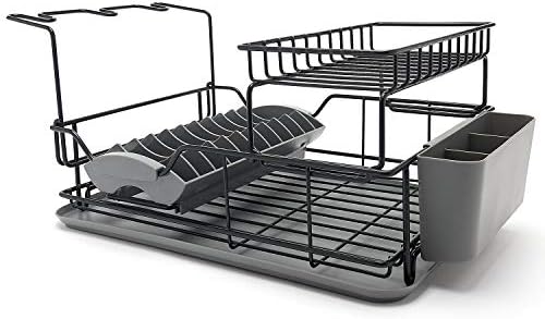simplywire Two Tier Dish Drainer Removable Over Sink Plate Drying Rack, Wine Glass Holder & Cutlery Basket - Black