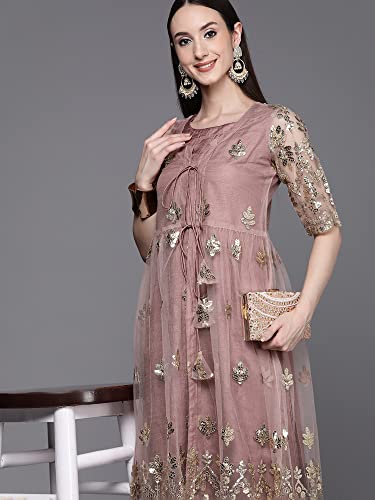 Image of INDO ERA Women's Net Embroidered Kurta Bottom With Shrug (Ready To Wear KS9MU4800 Mauve Pink XS To 2XL-Size)