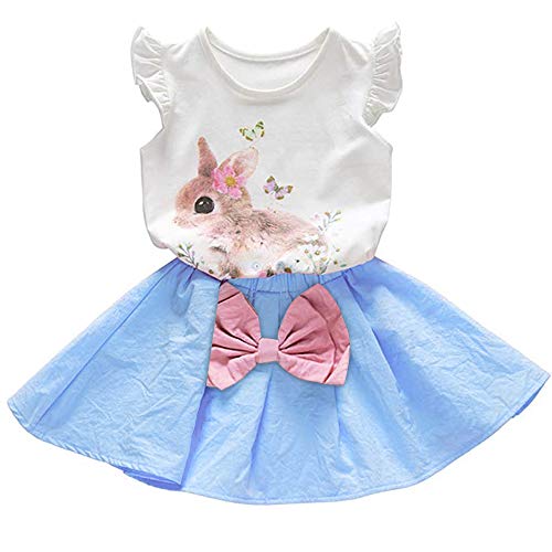 Xfglck Toddler Kids Baby Girls Easter Outfits Rabbit Bunny Print Ruffle Sleeve Shirt Top+Bowknot Skirt Summer Clothes Set (Blue, 2-3 T)