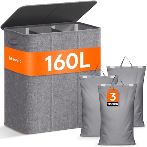 Lifewit 160L Wäschekorb 3 Fächer, Wäschesammler mit Deckel, Wäschekorb Wäschekörbe Groß 3 Abnehmbarem Wäschesack, Laundry Baskets mit Griffen, Waschenkorbe Wäschetonne Wäschesortierer, Hellgrau