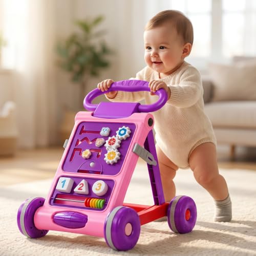 Image of Uonibaby Baby Push Walker, Musical Push Walker for 9 Months+, Toodler Walking Toy for 1 to 2 Years, Interactive Activity Panel with Gears, Shapes, Numbers & Beads, Sturdy Handle & Large Wheels