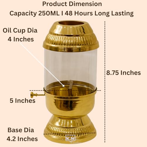 Image of K.N Creation Brass Akhand Diya with Adjustable Bati, Jyoti Wick Lifting Screw Lever, Akhanda Jyothi Deepam, Borosilicate Glass Cover for Pooja (Large, 250 ml: Oil Capacity, Long Lasting 48 Hours)