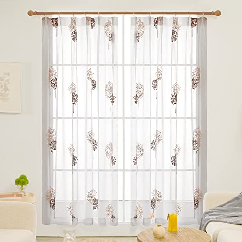 Deconovo レースカーテン UVカット 外から見えない 幅100x丈198cm 2枚組 ブラウン 木柄 おしゃれ 断熱 保温 猛暑対策 透けない 柔い 北欧