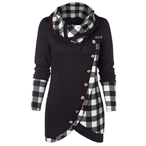 Adreamess Women Blouse Winter Long Sleeve Plaid Patchwork Turtleneck Tartan Tunic Sweatshirt Pullover Tops (Black-1, XXXXL)