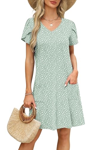 Image of OFEEFAN Womens Summer Dresses 2026 Tulip Petal Short Sleeve V Neck Loose Swing Sundresses with Pockets Plain /Print