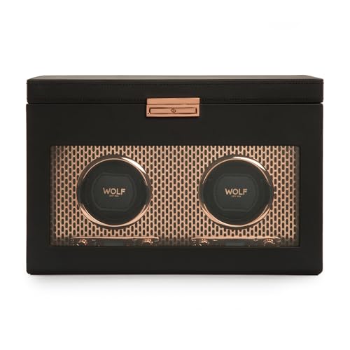Wolf Axis Double Watch Winder with Storage Copper - Secure Fit with Patented Lock-in Dynamic Cuff - Accommodates All Wrist Sizes - Vegan Leather - Includes Universal Adapter