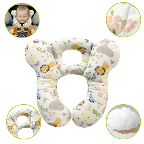 Image of Baby Travel Pillow, Infant Kid's Cushion Soft and Skin Friendly for Car Seat, Pushchair and Stroller (White Animal Flower)