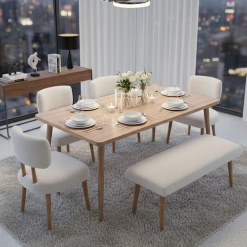 Wooden Dining Table With 4 Chairs And Banquet, Beige And Cha...