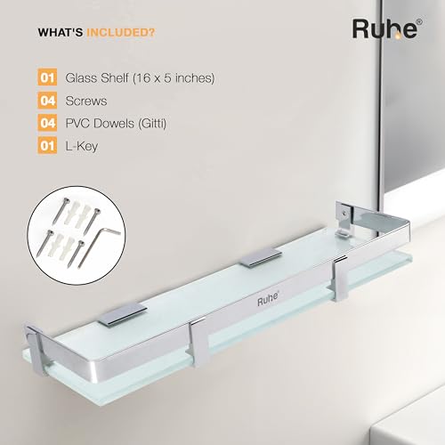 Image of Ruhe Premium Vetra Bathroom Glass Shelf | Multipurpose Wall Mounted Shelves Rack for Kitchen /Living Room - Bathroom Accessories 16 x 5 inches (Chrome Finish)