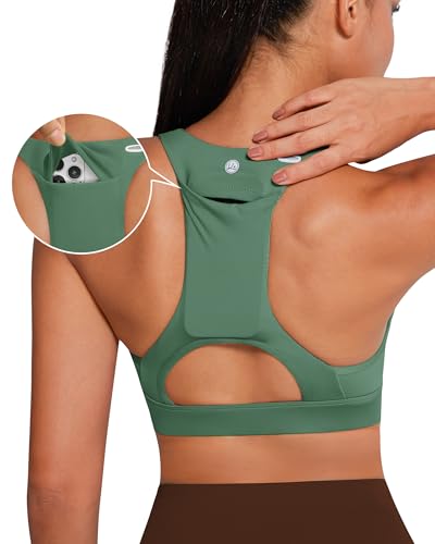 QUEENIEKE V Neck Running Sports Bra with Phone Pocket, Medium Support Workout Tops Padded Racerback Bra for Women2