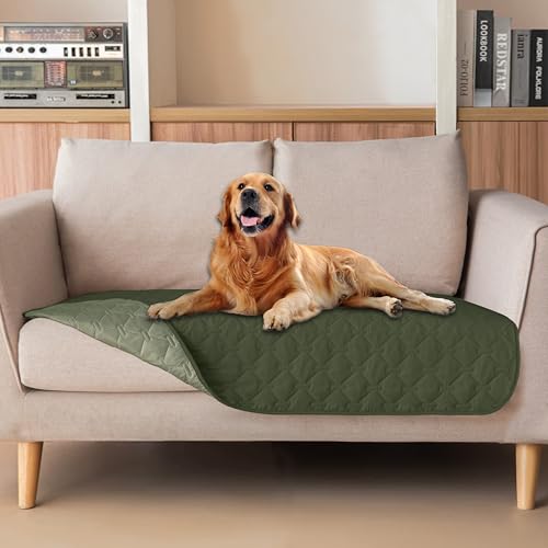 Image of gogobunny 100% Double Sided Waterproof Dog Blanket Soft Pet Bed Cover Reversible Protect Furniture Couch Sofa Car for Puppy Cat Kids (Dark Olive /Light Olive, 32x53 Inch (Pack of 1))