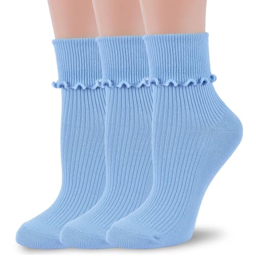 Womens Ruffle Socks Fashion Breathable Solid Color Turn-Cuff Cute Girls Ankle Socks 3 Pairs