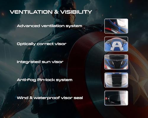 Image of Axor Street Marvel Captain America ISI ECE and DOT Certified Lightweight Full Face Helmet for Men and Women with Scratch and UV Resistant Dual Visors-Dull Blue Red White-L