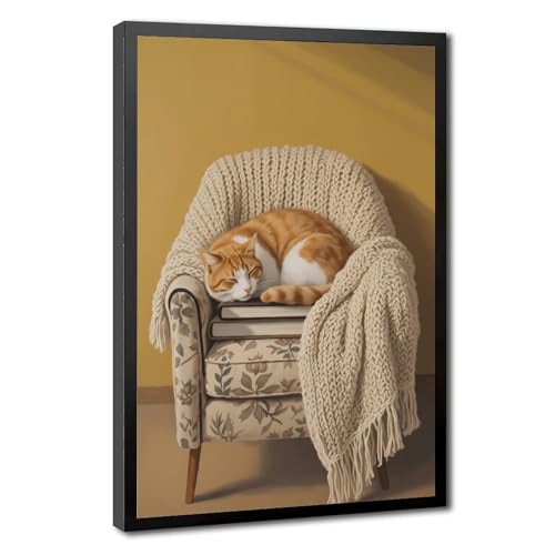 Affiche chat roux endormi tableau cadre noir decoration murale animaux 30x45cm