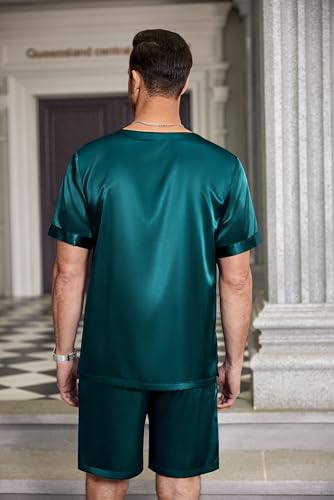 Image of Ekouaer Mens Pajamas Set Silk Satin Pjs Sets Summer Short Sleeve Button Down Sleepwear 2 Piece Loungewear with Pockets