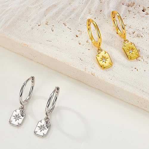 Star Burst Square Dangle Hoop Earrings For Women Teen Girls 925 Sterling Silver Cubic Zirconia Crystal Cartilage Tiny Small Huggie Hoops Rectangle Drop Dangling Earring Cuffs Fashion Jewelry Gifts Hypoallergenic (Gold) #TOP6