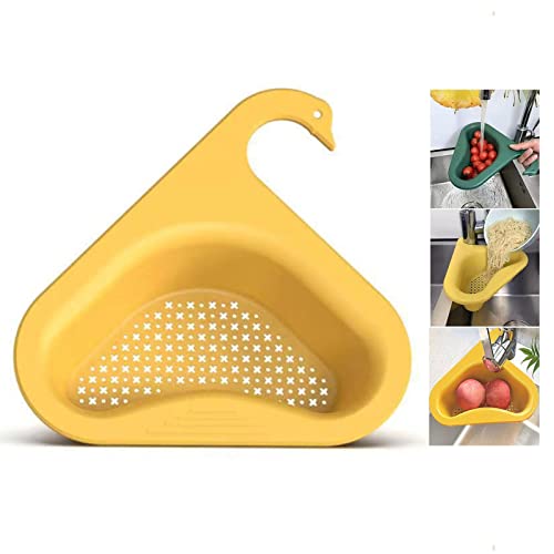 Anguxer porte évier triangle épaissi, panier de crépine d'évier en forme de cygne, étagère rangement pour égouttoir cuisine pour fruits, légumes, déchets, restes (jaune)