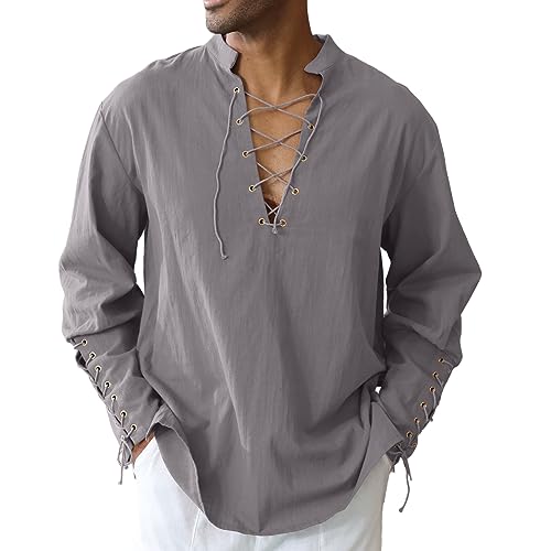 Image of CTU Men's Cotton Shirt Pirate Shirt Medieval Viking Renaissance Costume | V-Neck,Drawstring Collar,Linen Tunic,Ren Faire,Plus Size,Goth,Big and Tall,Halloween