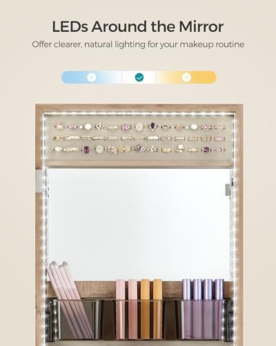 Image of SONGMICS Jewelry Cabinet Armoire Organizer with LED Lights, Wall-Mounted Storage Cabinet with Full-Length Frameless Mirror, Built-in Makeup Mirror, 2 Drawers, Lockable, Camel Brown UJJC013N01