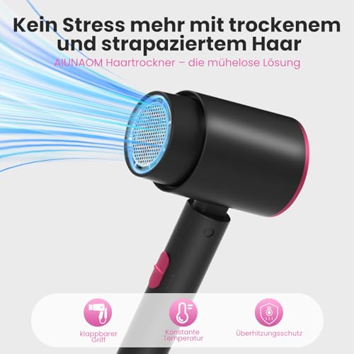 AIUNAOM Föhn Reisefön Klappbar,2000W Schnelltrocknender Haartrockner, Professionelle Reisefön mit Heiß- und Kalttasten,Klappbar Haartrockner für Zuhause und Salon