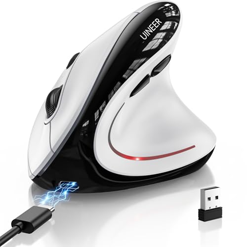 Uineer Ergonomic Wireless Vertical Mouse Tri-Mode Bluetooth 5.0/4.0 and 2.4G USB Rechargeable Silent Computer Mouse for Laptop MacBook iPad and PC 4 DPI Levels LED Light 3-Device Switching