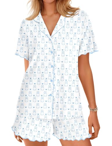 Image of Ekouaer Button Up Pajamas Set for Women Short Sleeve Ribbed Knit Sleepwear 2 Piece Pjs Shorts Set