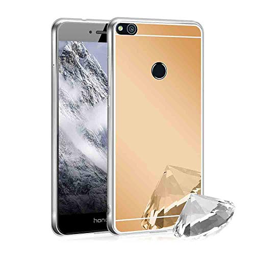 XCYYOO Funda Espejo para Huawei P8 Lite 2017, Protectora Movil Carcasa TPU Silicona Ultra-Fina Bumper Mirror Case, Goma Cubierta Cobertura Delgado Cover para Huawei P8 Lite 2017（Dorado）