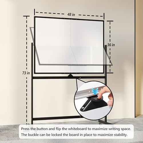 Image of Large Rolling Whiteboard on Wheels, 48 inch x 36 inch Double-Sided Mobile White Board with Stand, 4' x 3' Portable Standing Magnetic Dry Erase Board Easel for Home Office Classroom School, Black