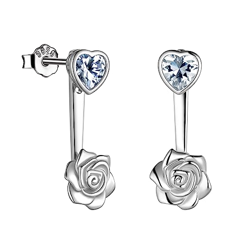 Rose Flower Ear Jacket Earrings for Women 925 Sterling Silver Heart Shape Zirconia Front Back Earrings Flower Rose Earrings 2 in 1 Ear Cuff Earrigns Set Anniversary Birthday Gifts for Girls FE0213W