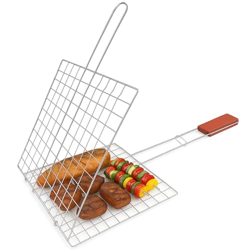 TIJAR BBQ Grill Basket Folding Grill Basket with Long Handle Grids & Grates Reusable Steel Strong Fish Grill Basket Perfect for Grilling Vegetables Steaks Shrimp Sausages (1)