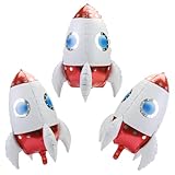 4D Shaped Universe Outer Space Rocket Helium Balloon, 3 Pack Inflatable 24 inch UFO Rocket Aluminum Foil Balloons for Kids Boys Baby Shower Birthday Party Decorations Suppliers (Red), with Ribbon