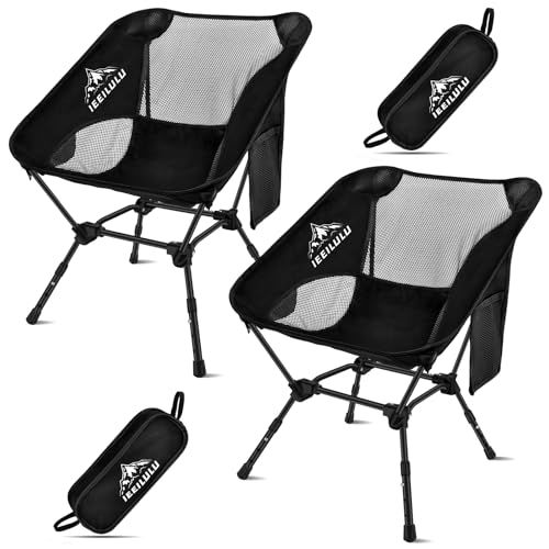 IEEILULU Silla Plegable Camping, Ligera Compacta Ultraligera Sillas Camping Carga de 130 kg, Silla Plegable para Acampada, Jardín, Pesca, Playa, Terraza (Negro-2pcs)