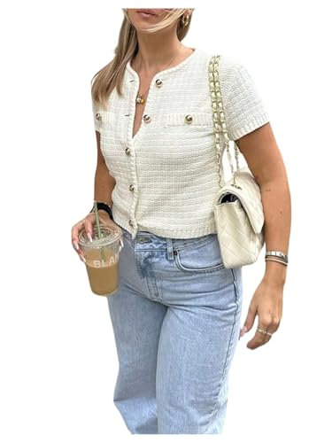 SHENHE Women's Short Sleeve Button Down Cardigan Sweater Cropped Lightweight Going Out Tops