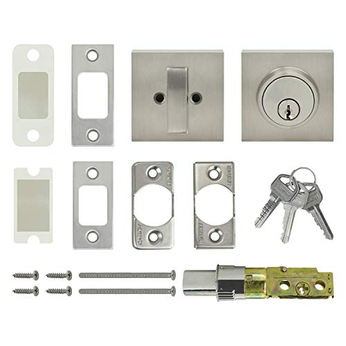 Image of Nuk3y Hulk Series Lever Door Handle Slim Square Modern Contemporary Lever Set (Entry & Deadbolt Combo [Keyed Alike], Satin Nickel)