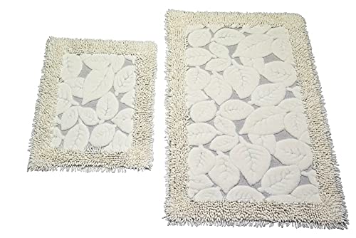 Th TeppichHome24 Badezimmerteppich Set 2-teilig Blätter Design Creme rutschfest & waschbar Größe 50x60cm + 60x100 cm – Bild 3