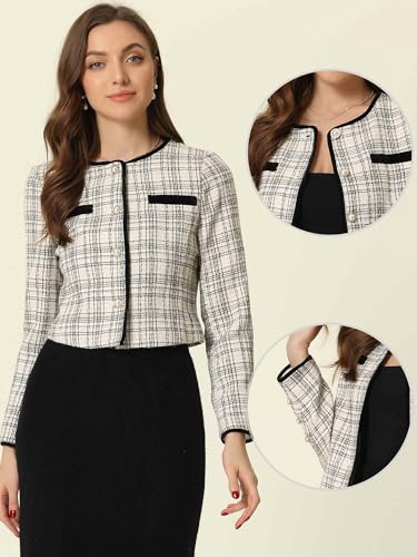Allegra K Tweed Jacket for Women's Long Sleeve Casual Work Office Plaid Short Outwear2