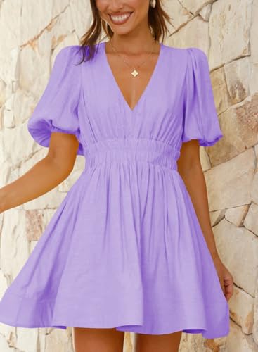 Image of Outfeel Women 2025 Summer Mini Dress Puff Short Sleeve Sexy V Neck A Line Elastic High Waist Flowy Swing Dresses