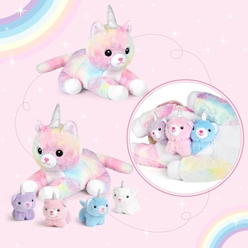 Image of KMUYSL Toys for Ages 0 1 2 3 4 5 6 7 8+ Years - Plush Mommy Stuffed Animal with 4 Babies in Her Tummy, Soft Plush Toys Set, Christmas Birthday Gifts for Girls Boys, Toddler, Kids (Unicorn Cat Toys)
