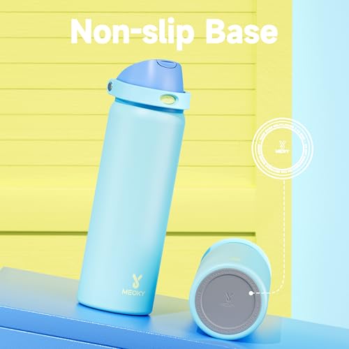 Image of 32 oz Insulated Water Bottle for Men: Meoky Stainless Steel Water Bottle with 2-in-1 Straw and Spout Lid - Leak Proof, Cold for 24 Hours, Protective Silicone Base, BPA-Free for Sports Gym, Azure
