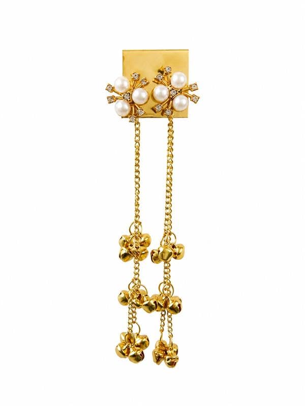 Gold-Tone Pearl Floral Chain Tassel Brooch Pin with Crystal Accents-picture-53